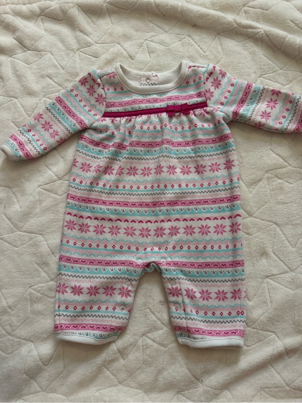 Baby Girls Pink and Blue Fair Isle One-Piece Fleece Lined Romper - 0-3 months